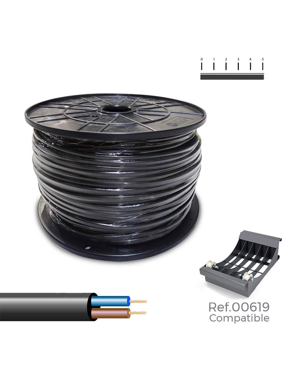 Carrete cable manguera h05vv-f , negra 2x1mm 400m (bobina grande ø400x200mm)