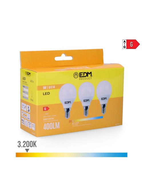 Kit 3 bombillas esfericas led e14 5w 400lm 3200k luz calida ø4,5x8cm edm