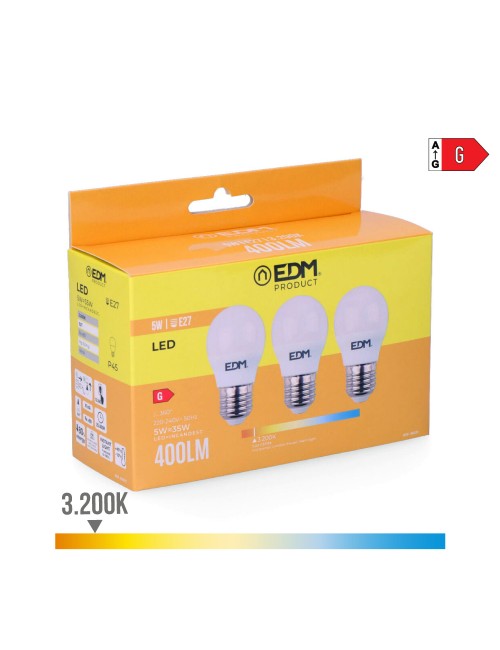 Kit 3 bombillas esfericas led e27 5w 400lm 3200k luz calida ø4,5x8cm edm