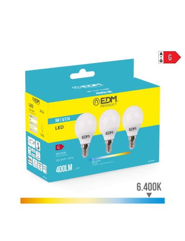 Kit 3 bombillas esfericas led e14 5w 400lm 6400k luz fria ø4,5x8cm edm