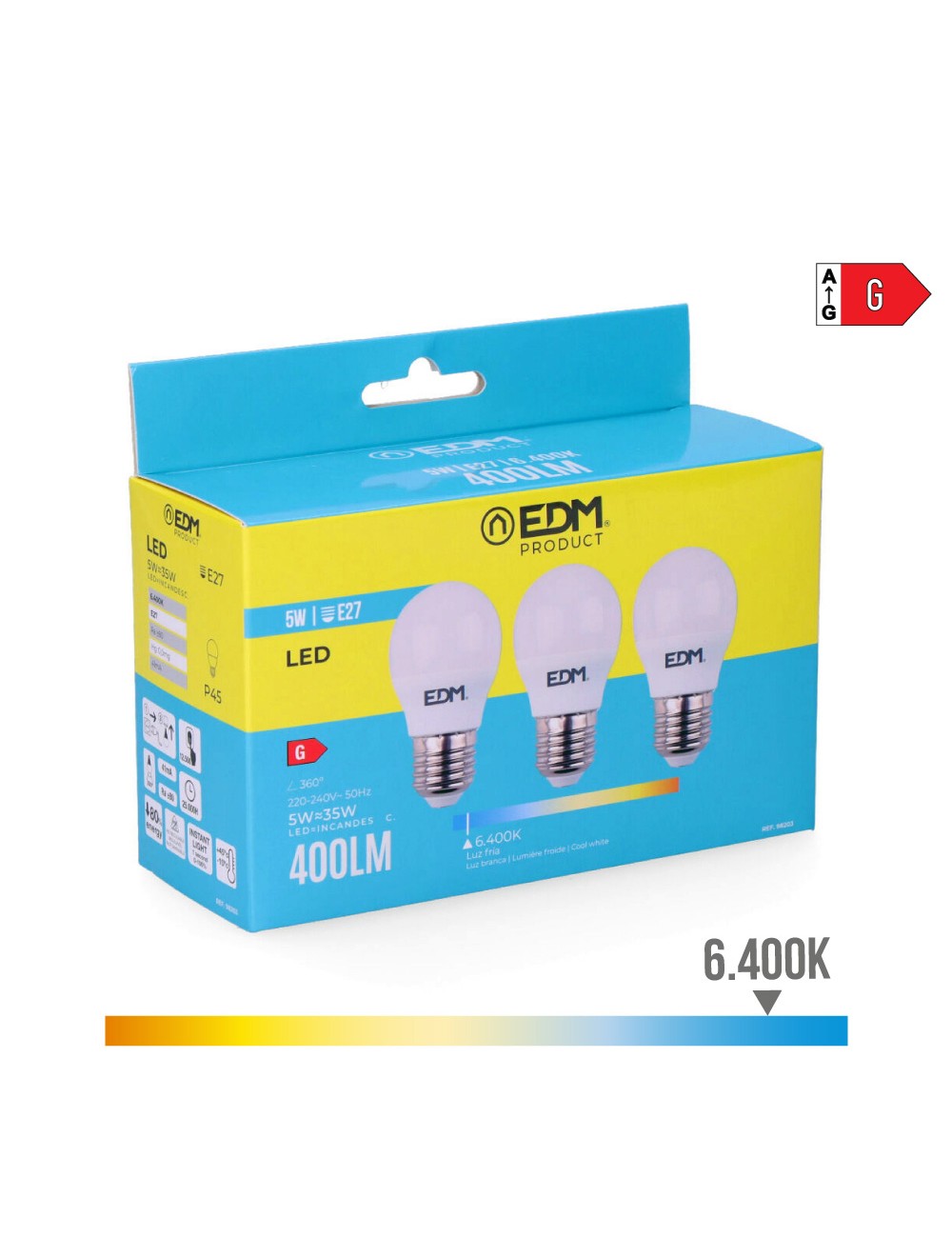 Kit 3 bombillas esfericas led e27 5w 400lm 6400k luz fria ø4,5x8cm edm