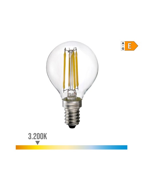 Bombilla esferica con filamento de led e14 4w 500lm 3200k luz calida ø4,5x7,8cm edm