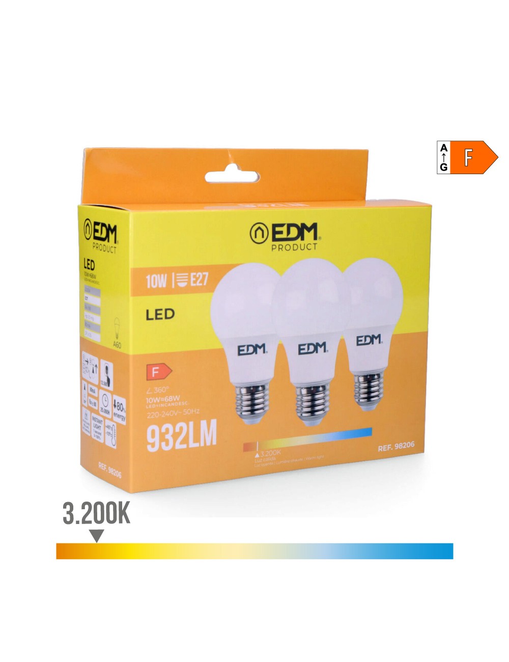 Kit 3 bombillas standard led e27 10w 932lm 3200k luz calida ø6x10,8cm edm