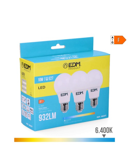 Kit 3 bombillas standard led e27 10w 932lm 6400k luz fria ø6x10,8cm edm