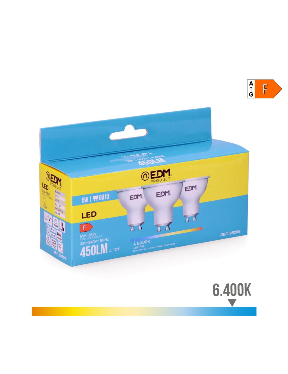 Kit 3 bombillas dicroicas led gu10 5w 450lm 6400k luz fria ø5x5,5cm edm