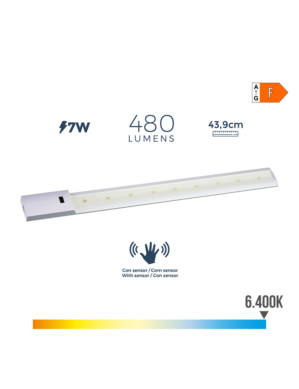 Regleta led con sensor 7w 480lm 6500k luz fria 43.9x5.5cm edm