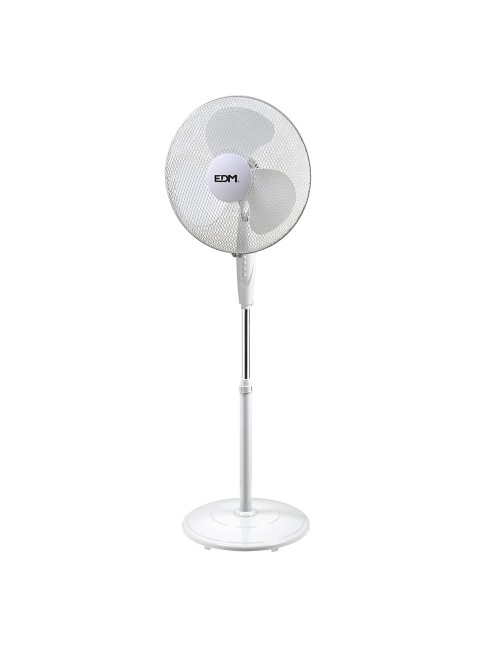 Ventilador de pie con base circular. color blanco. potencia: 45w aspas: ø40cm altura regulable 110-130cm edm