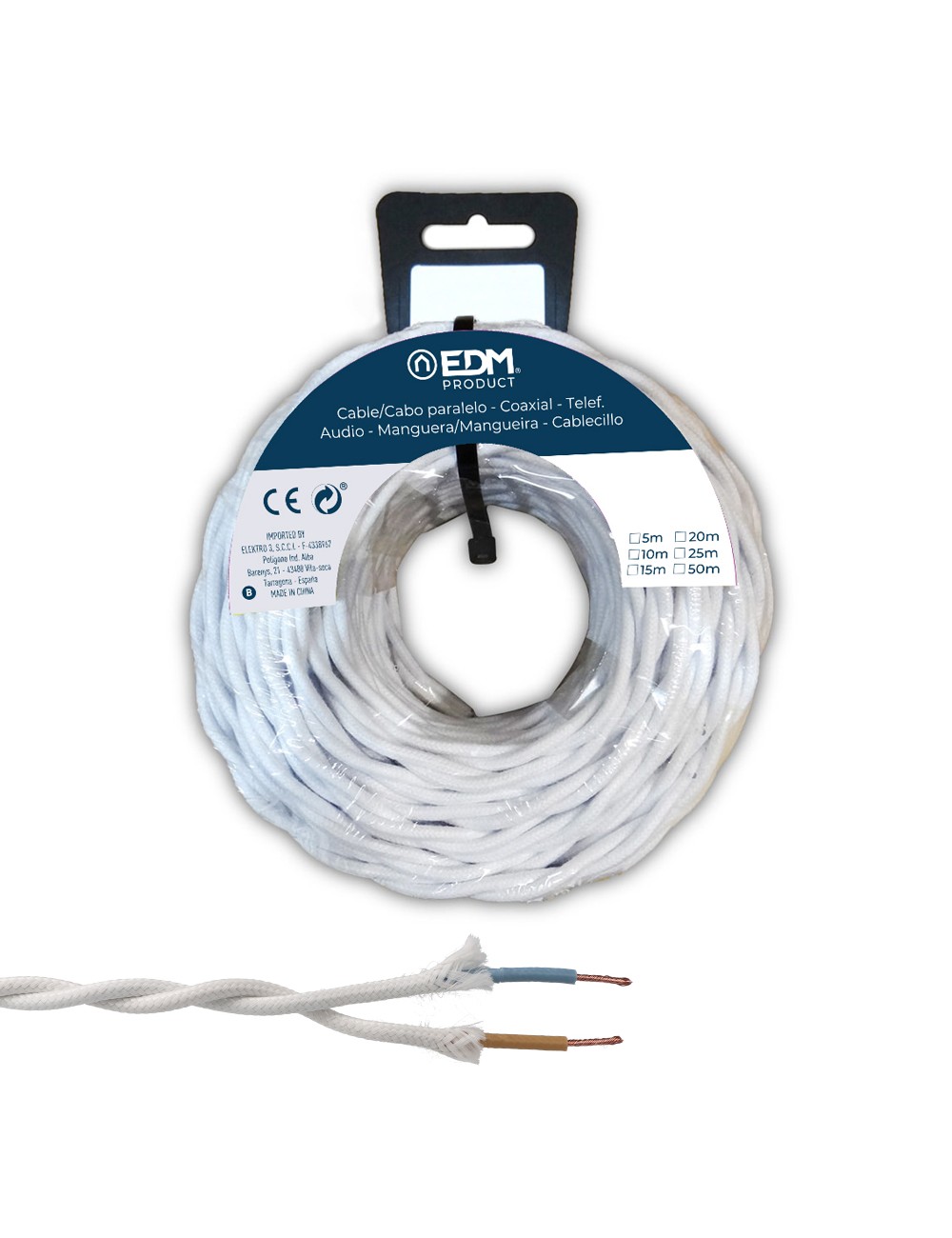 Cable textil trenzado 2x1mm blanco 25m