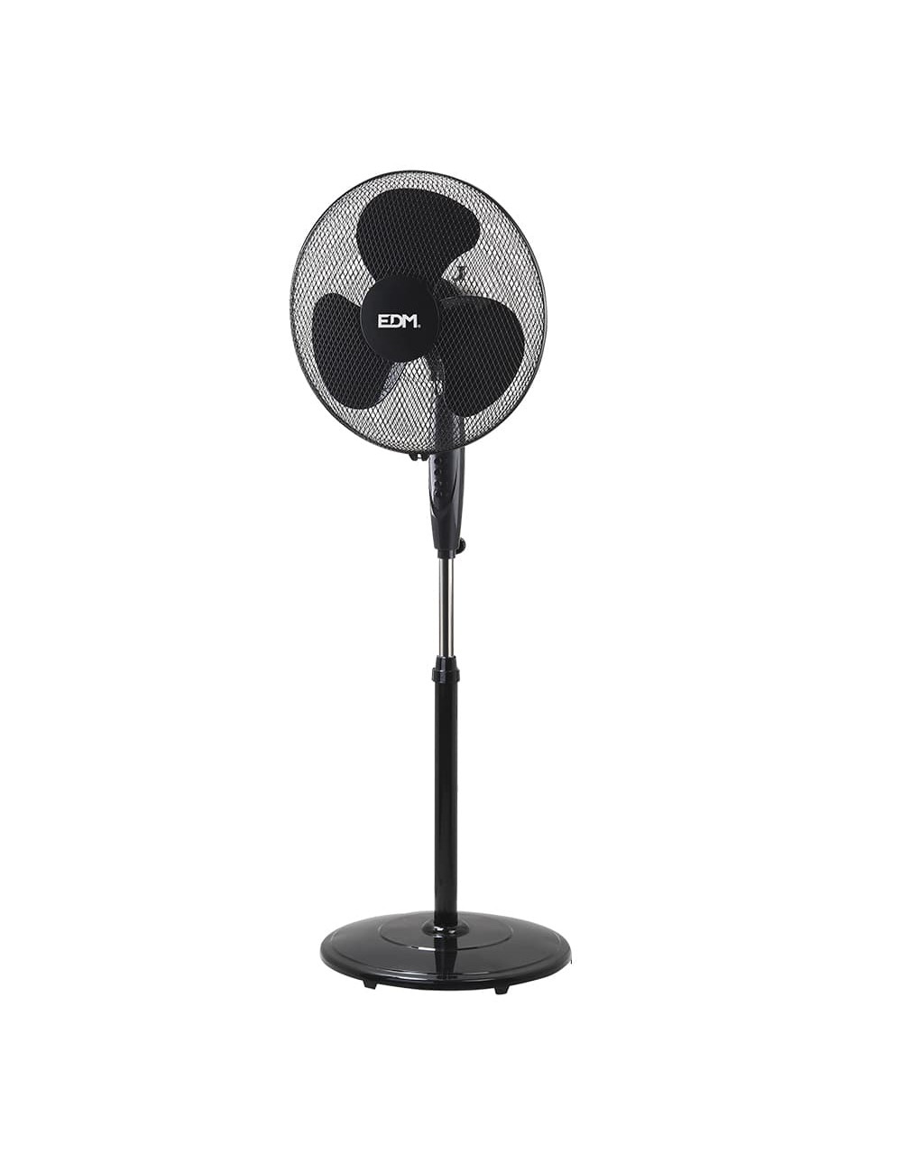 Ventilador de pie con base circular. color negro. potencia: 45w aspas: ø40cm altura regulable 110-130cm edm