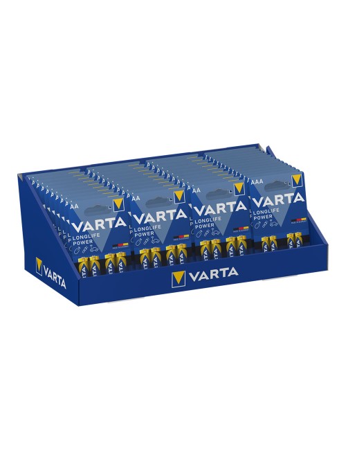 Expositor de carton de sobremesa varta he 30 blister lr06 aa 4 unid. + 13 blisters lr03 aaa 4 unid. varta 36x28x17cm