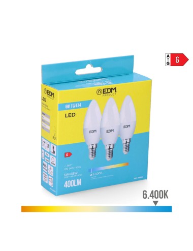 Kit 3 bombillas vela led e14 5w 400lm 6400k luz fria ø3,6x10cm edm