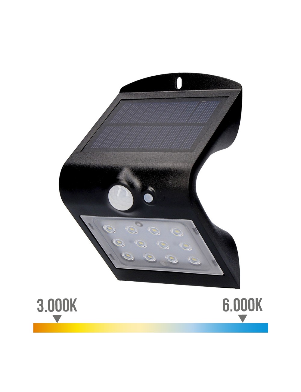 Aplique solar 1,5w 220lm recargable. sensor de presencia (2-6m) color negro 9,6x7,3x14cm edm