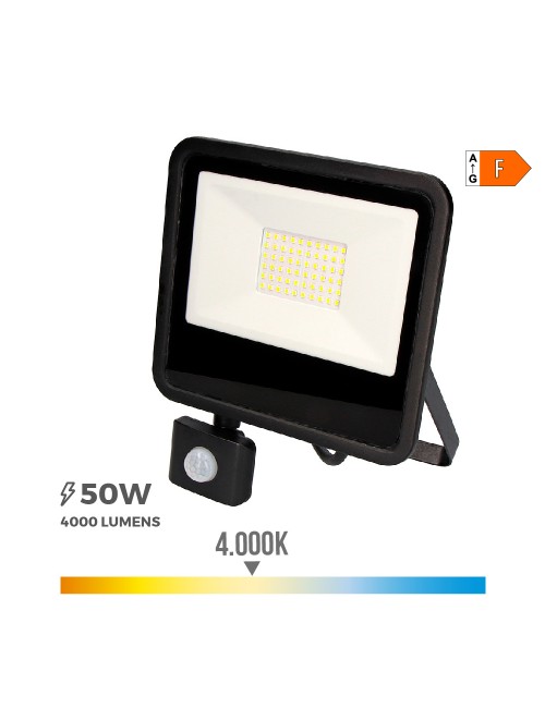 Foco proyector led 50w 4000lm 4000k luz dia con sensor de presencia 23,8x4,5x19,2cm edm