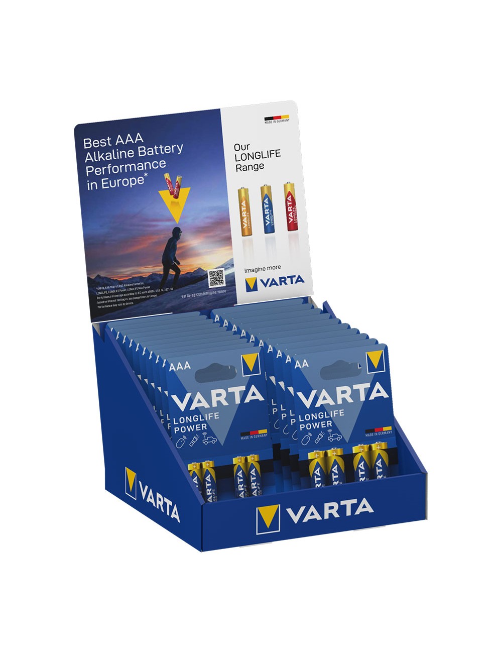 Expositor de carton de sobremesa de pilas varta "long life" 10 blisters 4xaaa lr03 +10 blisters 4xaa lr06 varta 27x18x17cm