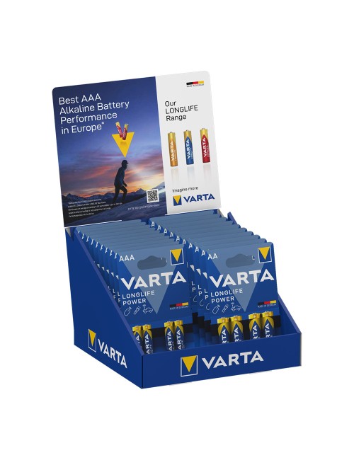 Expositor de carton de sobremesa de pilas varta "long life" 10 blisters 4xaaa lr03 +10 blisters 4xaa lr06 varta 27x18x17cm