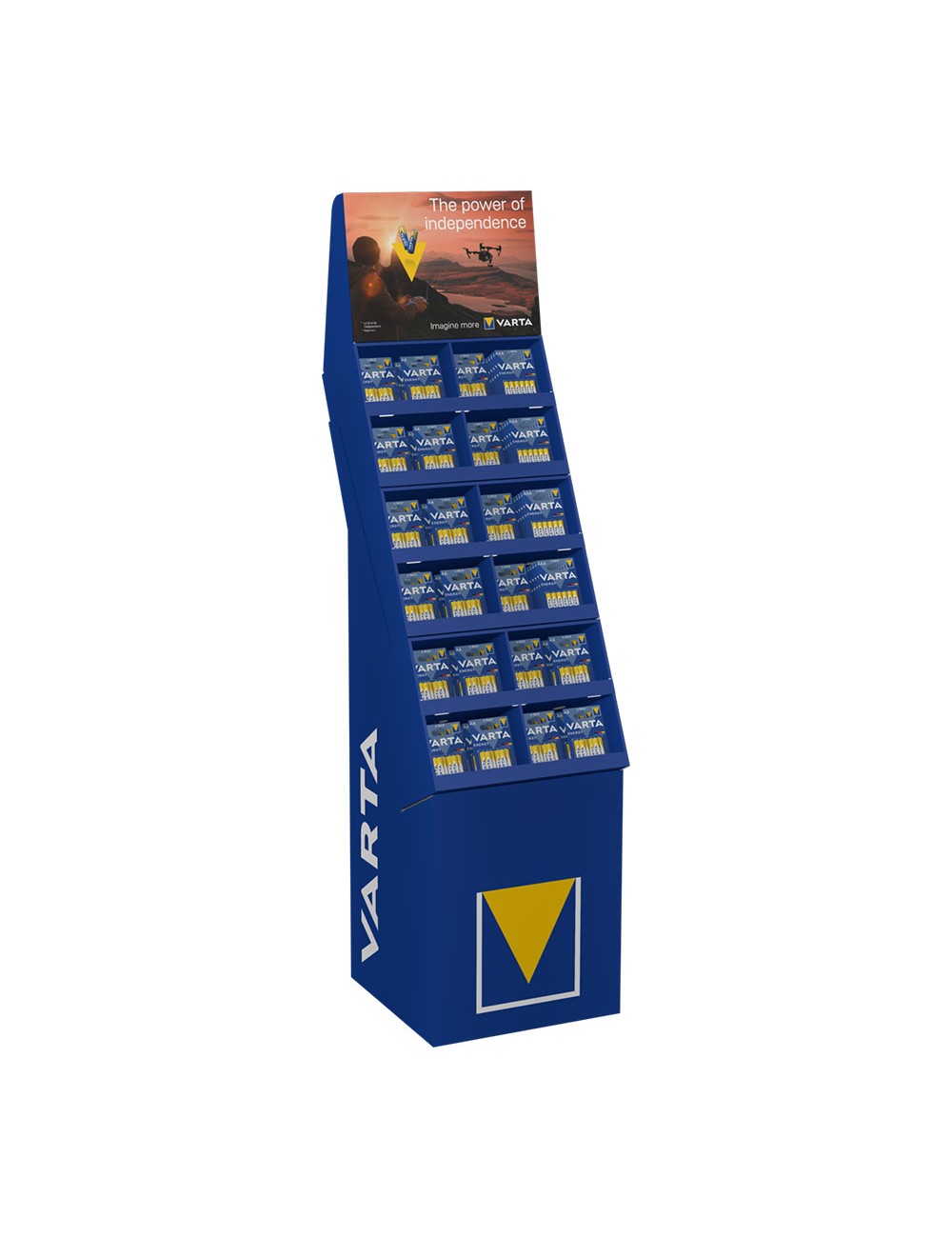 Expositor de carton de pilas varta "energy" 52 blisters 6xaaa lr03 + 100 blisters 6xaa lr06 varta 40x40x148cm