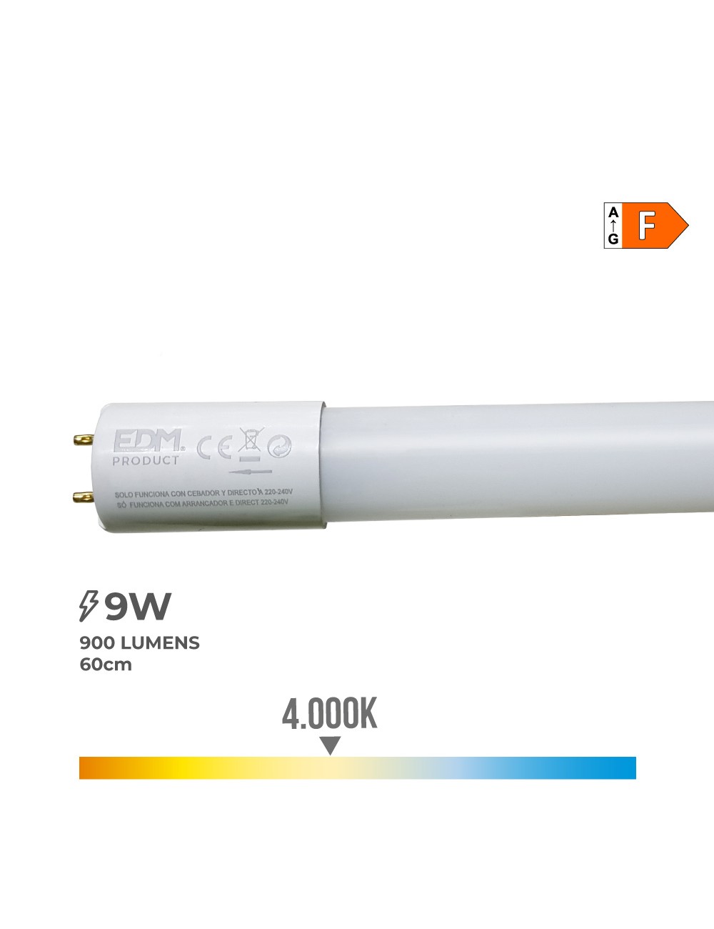 Tubo led t8 9w 900lm 4000k luz dia (eq.18w) ø2,6x60cm edm