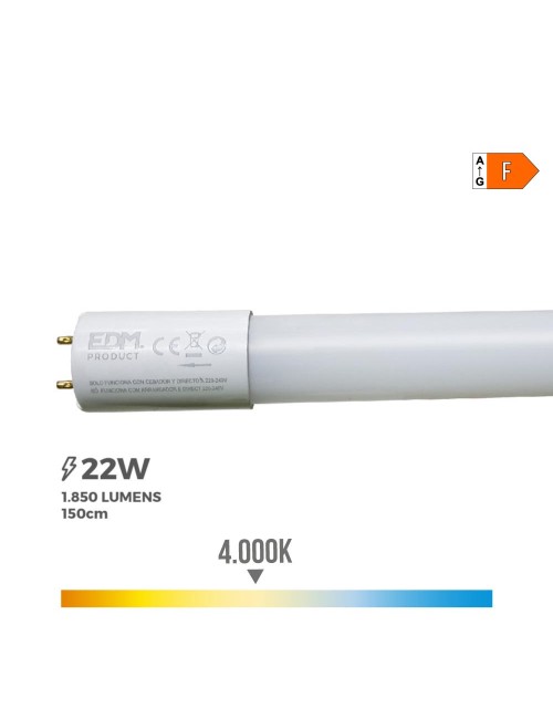 Tubo led t8 22w 2400lm 4000k luz dia (eq.58w) ø2,6x150cm edm