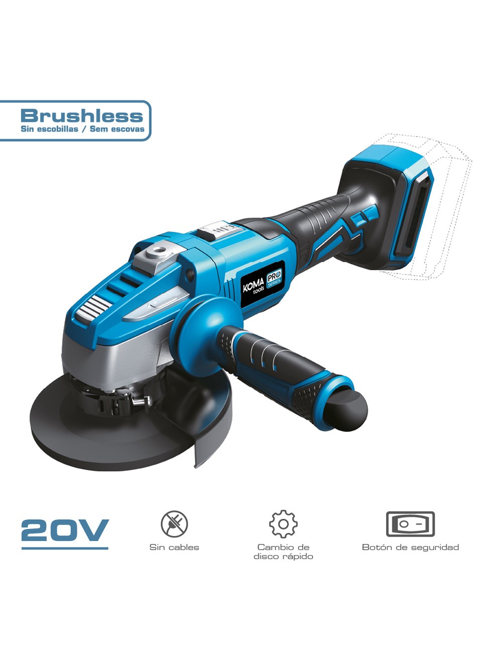 Amoladora 20v brushless (sin batería ni cargador) ø125mm 37,5x12cm koma tools