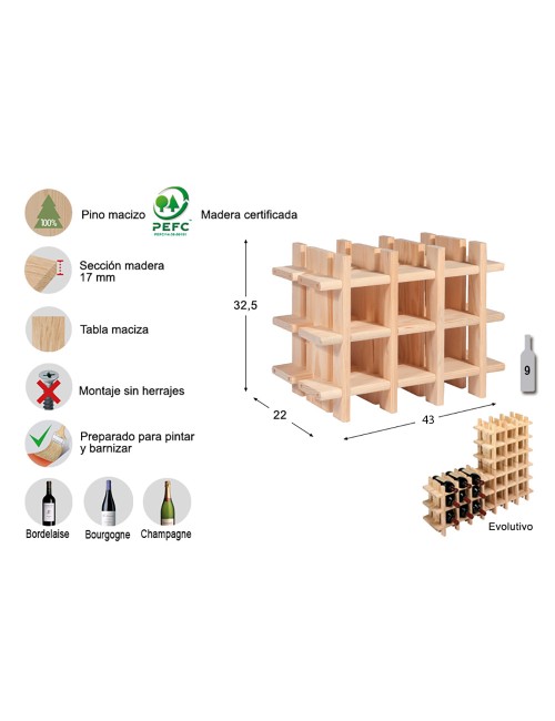 Botellero evolutivo rioja para 9 botellas pino macizo 43x22x32,5cm astigarraga