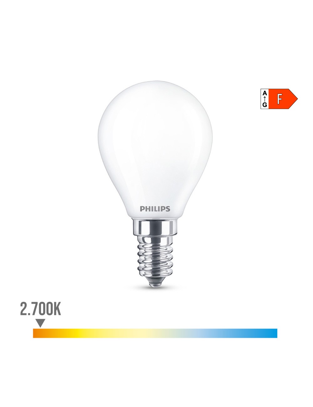 Bombilla esferica led e14 4,3w 470lm 2700k luz calida ø4,5x8,2cm philips