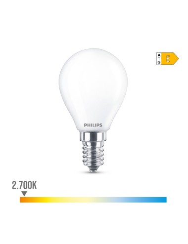 Bombilla esferica led e14 6,5w 806lm 2700k luz calida ø4,5x8cm philips