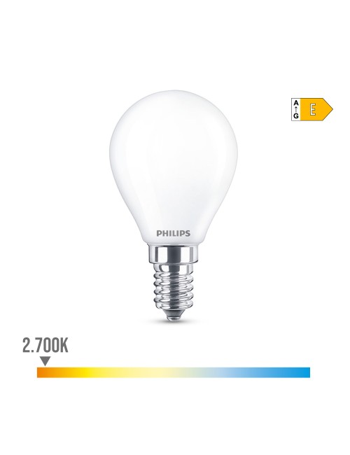 Bombilla esferica led e14 6,5w 806lm 2700k luz calida ø4,5x8cm philips