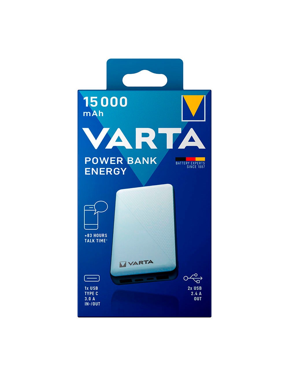 Power bank energy 15.000mah varta 100/240v 74x21x138mm