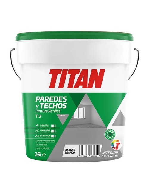 Pintura acrílica para decoración de paredes y techos t-3 blanco.mate 15l titan 123000315