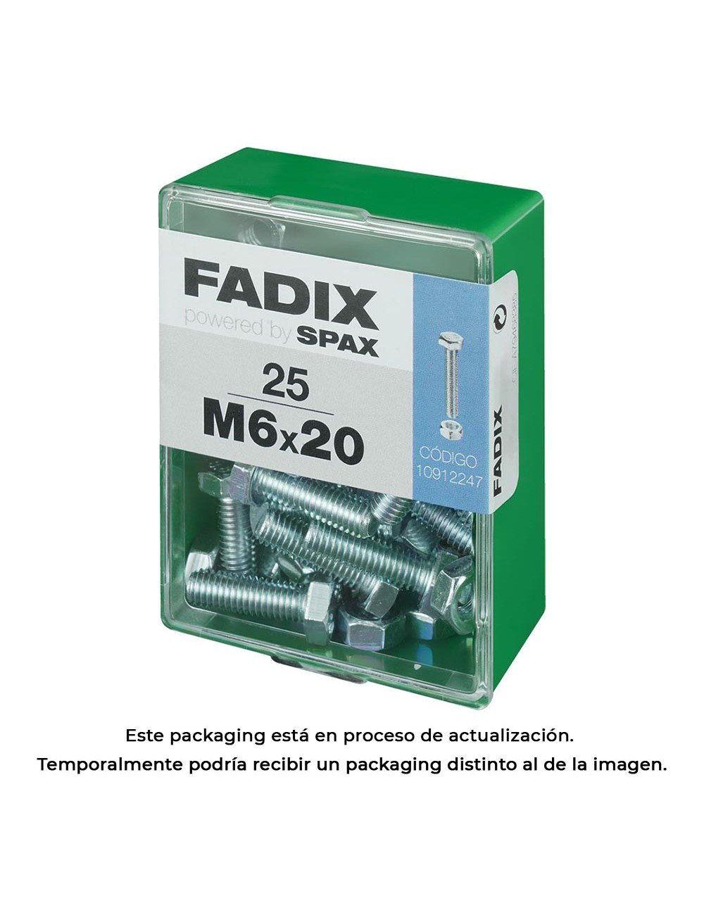 Caja m 25 unid. tornillo metrica cab hex+tuerca cinc m 6x20mm fadix