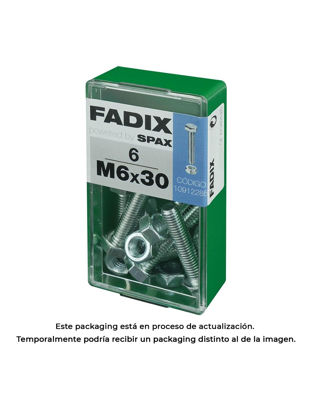 Caja s 6 unid. tornillo metrica cab hex+tuerca cinc m 6x30mm fadix