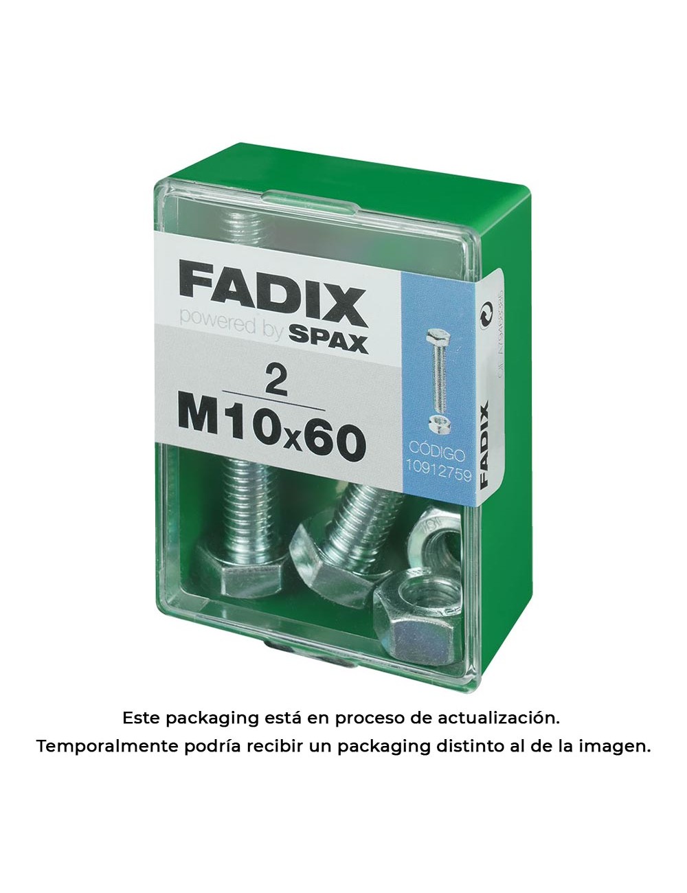 Caja m 2 unid. tornillo metrica cab hex+tuerca cinc m 10x60mm fadix