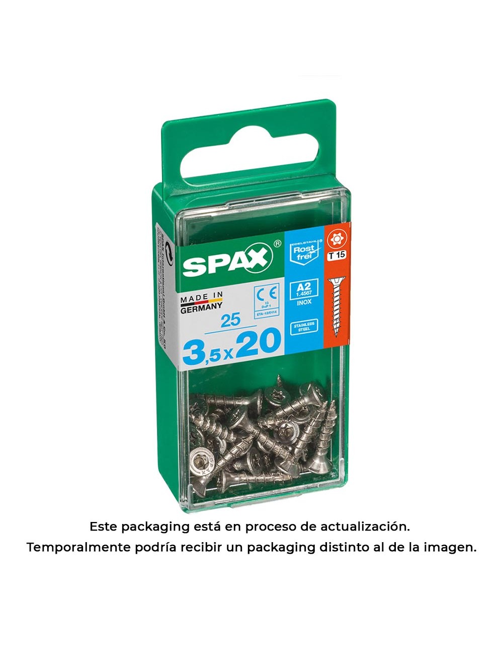 Caja 25 unid. tornillo madera spax cabeza plana inox a2 3,5x20mm spax