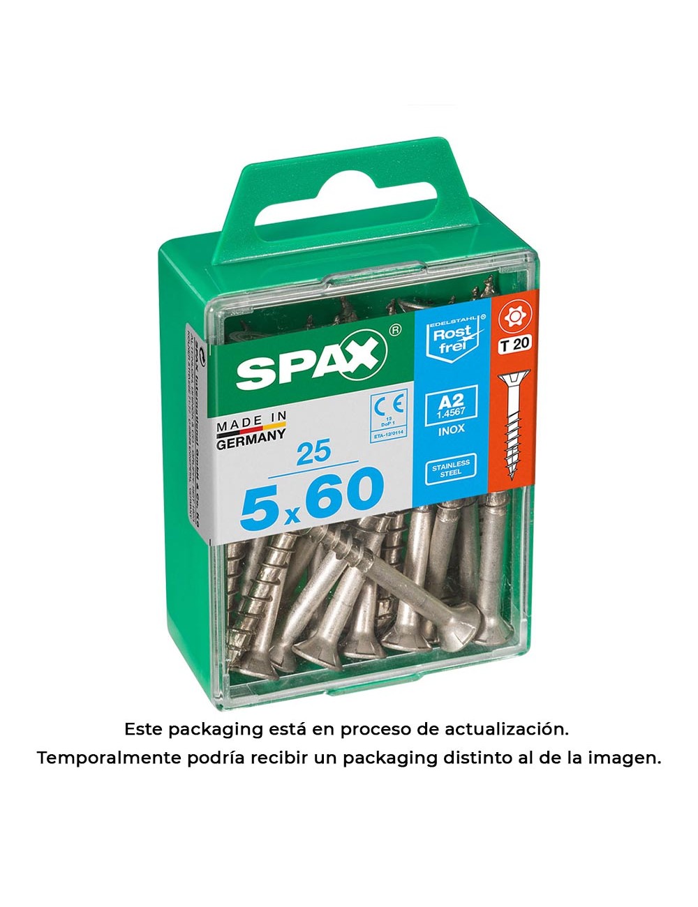 Caja 25 unid. tornillo madera spax cabeza plana inox a2 5,0x60mm spax