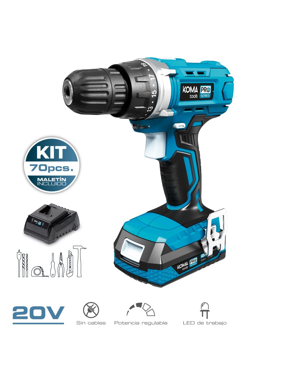 Kit maletin taladro atornillador con 70 accesorios 20v con batería y cargador koma tools