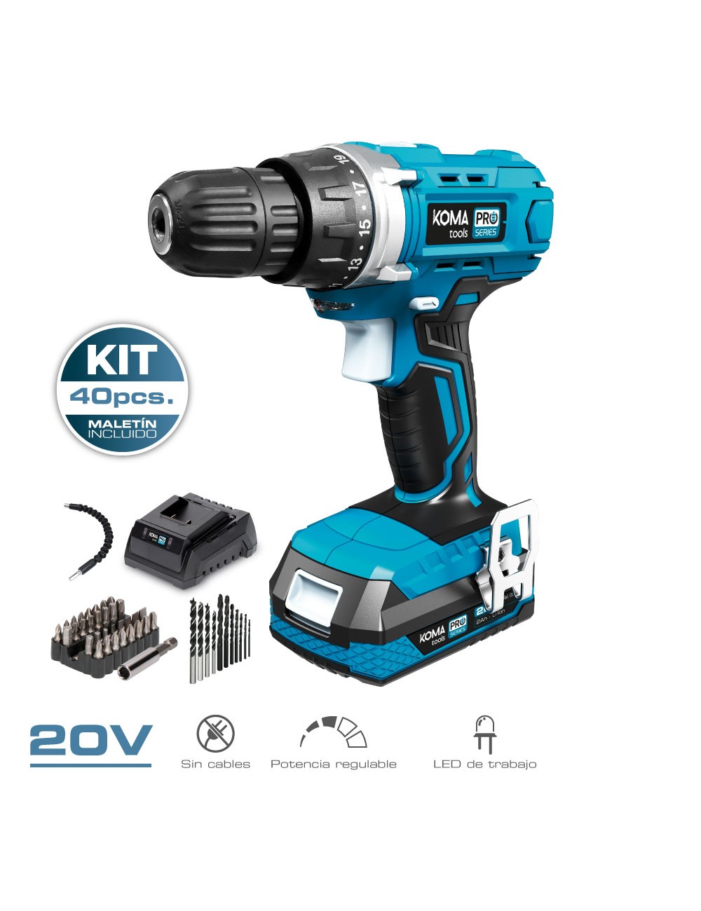 Kit maletin taladro atornillador con 40 accesorios 20v con batería y cargador koma tools