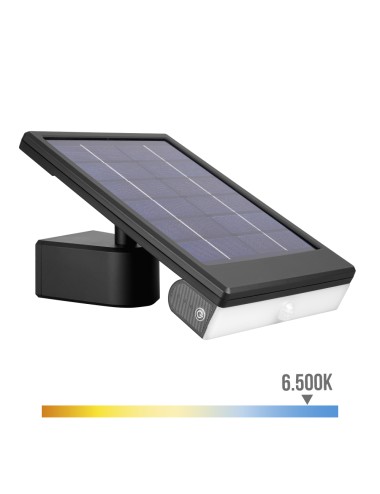 Aplique solar led 6w 720lm 6.500k con sensor crepuscular y movimiento. punto de luz extraíble. color negro edm