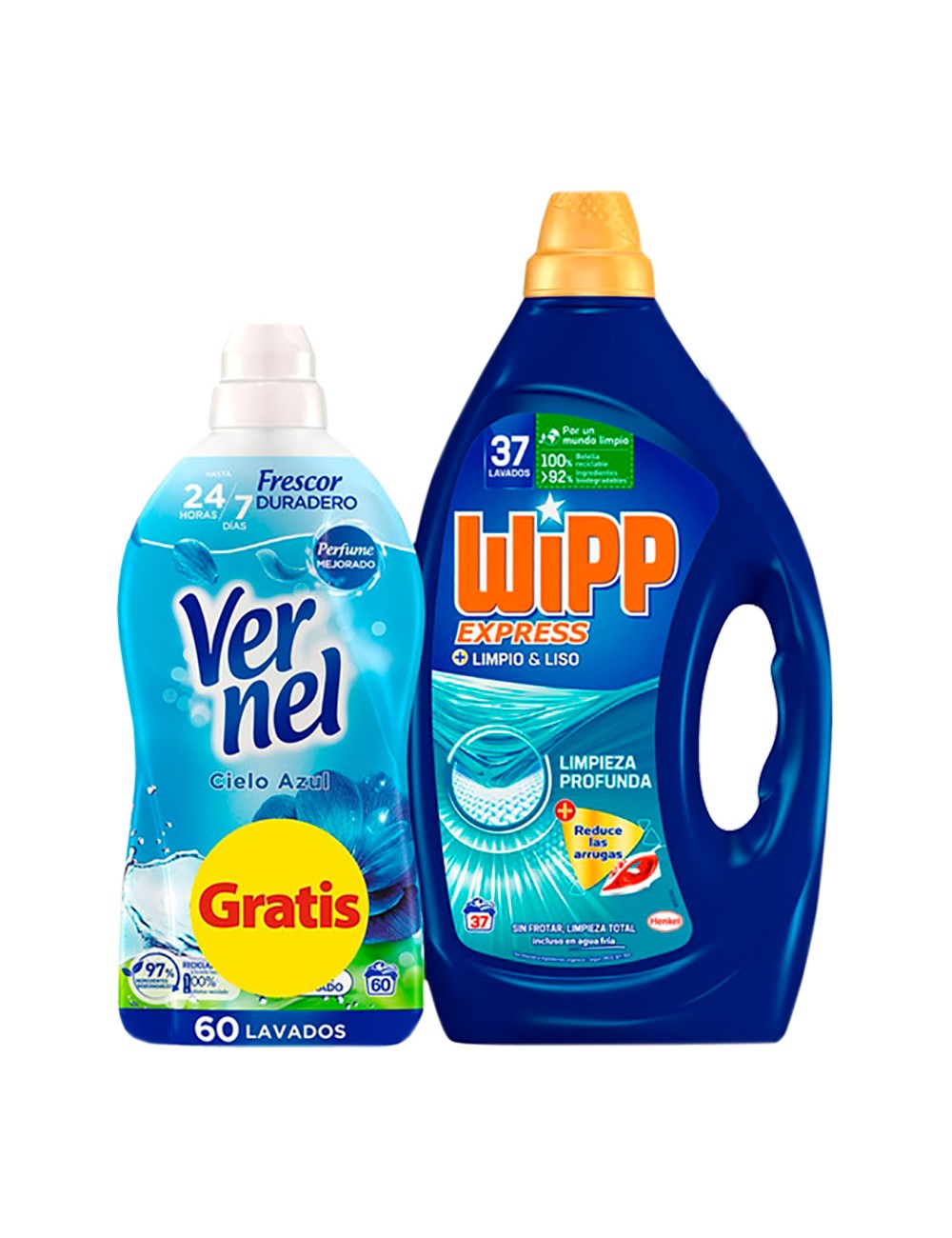 Pack detergente wipp gel limpio liso 37 + vernel 60 lavados