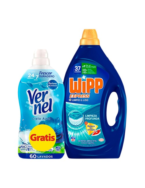 Pack detergente wipp gel limpio liso 37 + vernel 60 lavados