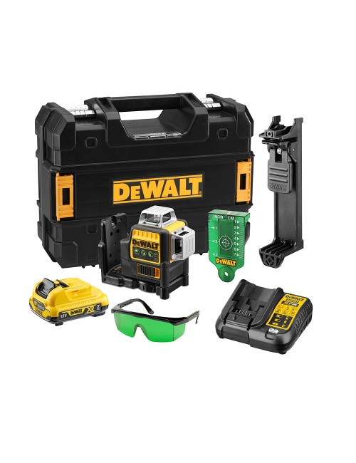 Nivel láser autonivelante verde de 3 líneas 360° xr 12v con batería li-ion 2ah dce089d1g-qw dewalt