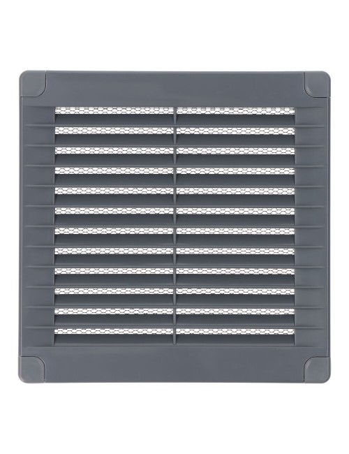 Rejilla ventilación cuadrada con tapones y mosquitera 150x150x7mm abs gris