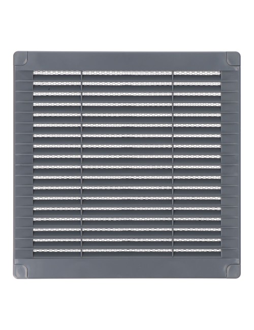 Rejilla ventilación cuadrada con tapones y mosquitera 200x200x7mm abs gris