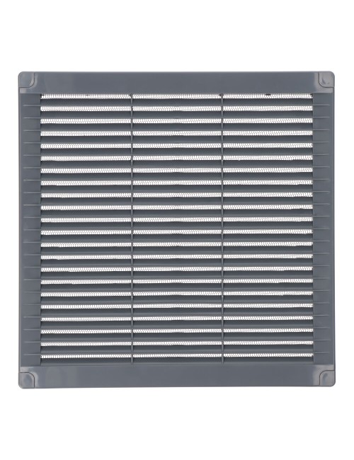 Rejilla ventilación cuadrada con tapones y mosquitera 250x250x7mm abs gris