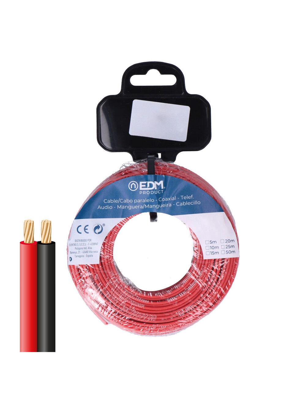 Carrete cable paralelo 2x1mm rojo/negro 10m.