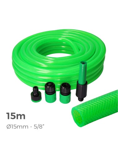 Kit manguera de jardin anti-torsion ø interior 15mm ø exterior 20mm (5/8") - rollo 15m. con accesorios