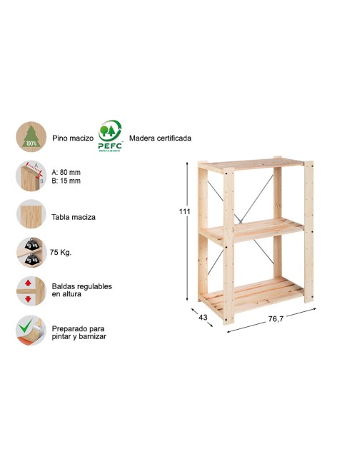 Estanteria alistonada evolution 3 111x76,7x43cm pino macizo astigarraga