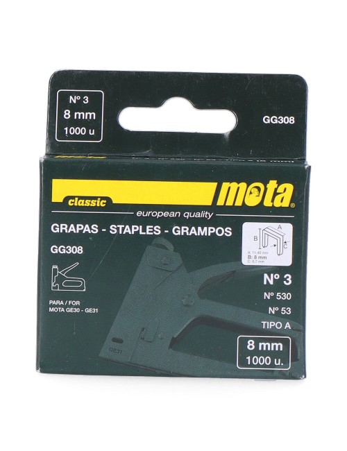 Grapas nº 3 de 8mm 1000 unid. espesor 0,7mm gg308 mota