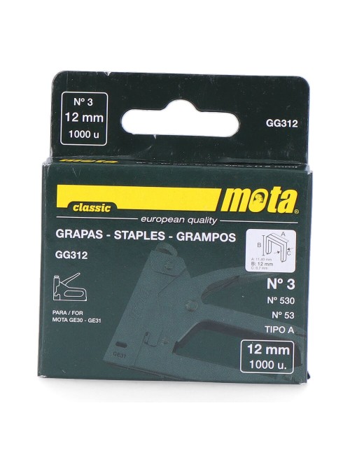 Grapas nº 3 de 12mm 1000 unid. espesor 0,7mm gg312 mota