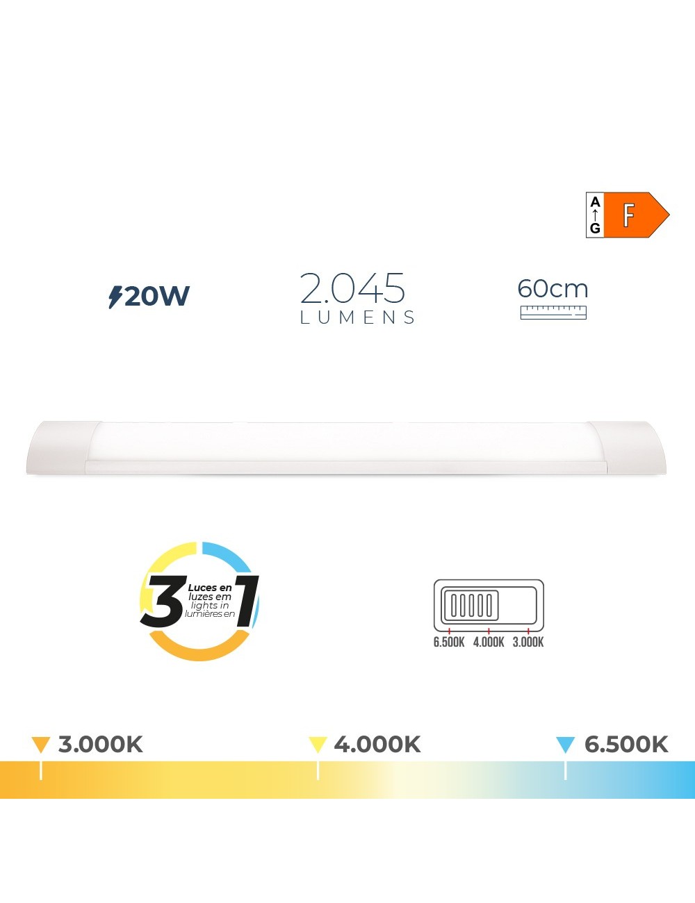 Regleta led 20 w temperatura de luz variable 6500 k / 4000 k / 3000 k 2045 lm, 60 x 2,6 x 7,4 cm